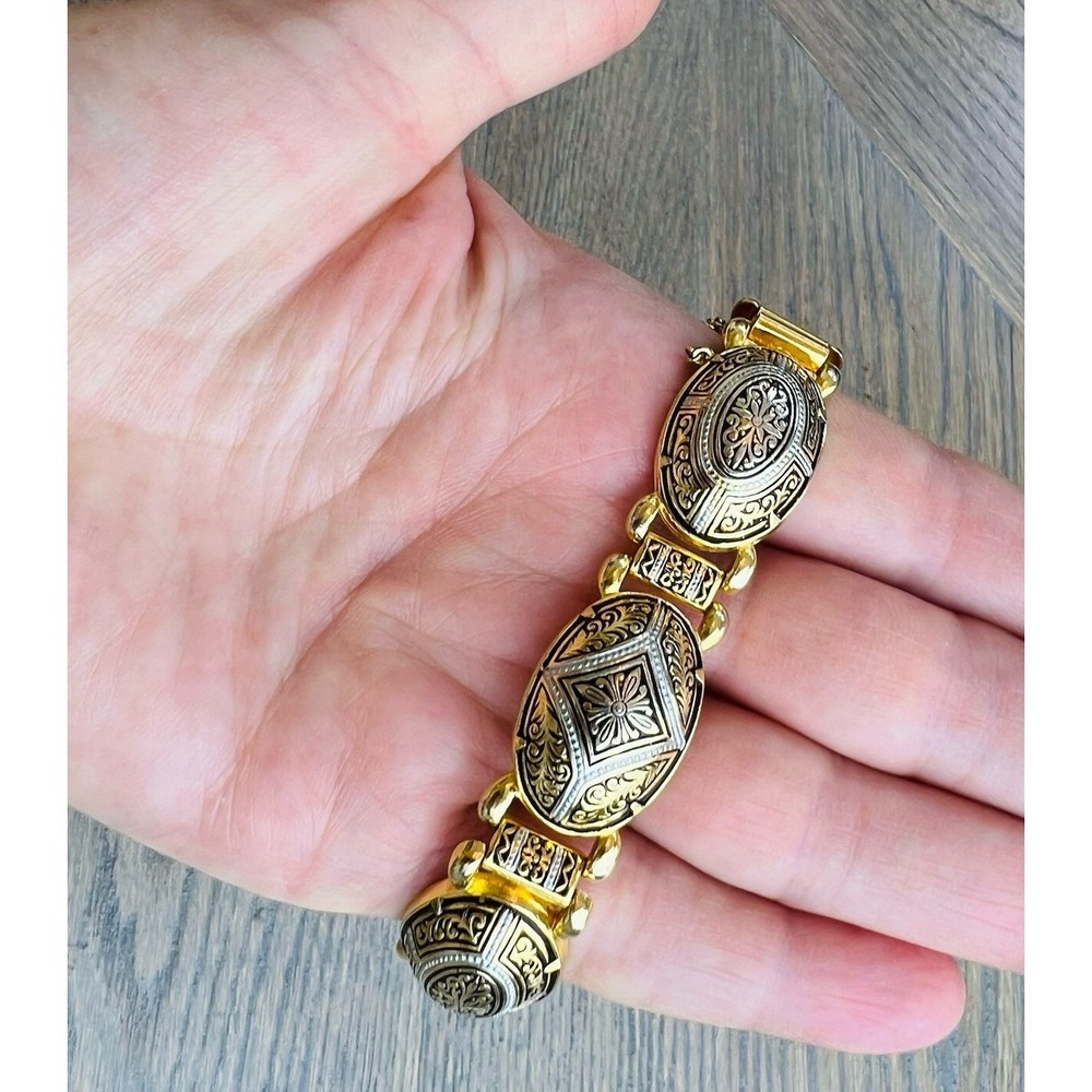 Vintage Spanish Damascene Bracelet w/ Gold Tone Inlay On Black Enamel MCM - Picture 2 of 8